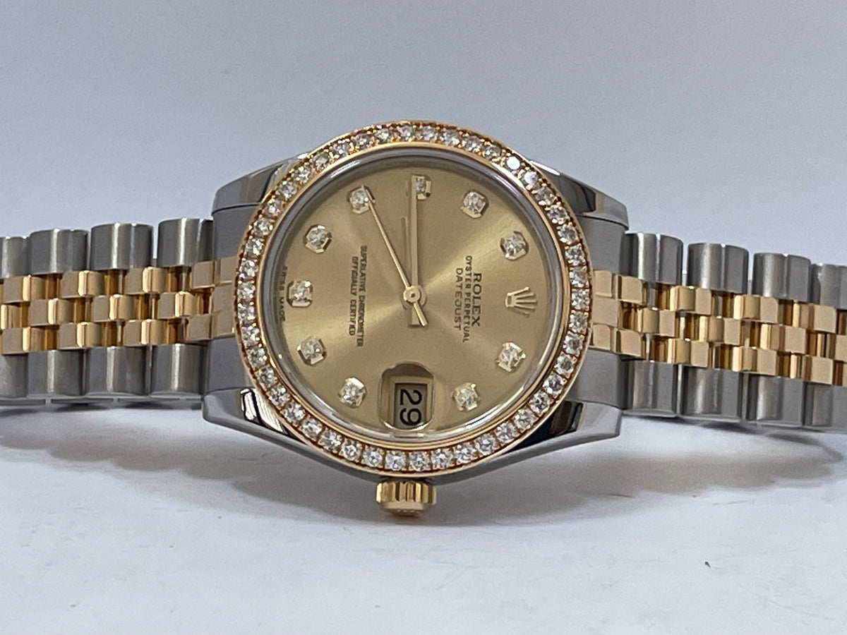 Rolex Steel and Yellow Gold Datejust 31 - G serial - 46 Diamond Bezel - Champagne Diamond Dial - Jubilee Bracelet - 178383