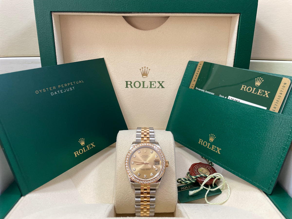 Rolex Steel and Yellow Gold Datejust 31 - G serial - 46 Diamond Bezel - Champagne Diamond Dial - Jubilee Bracelet - 178383