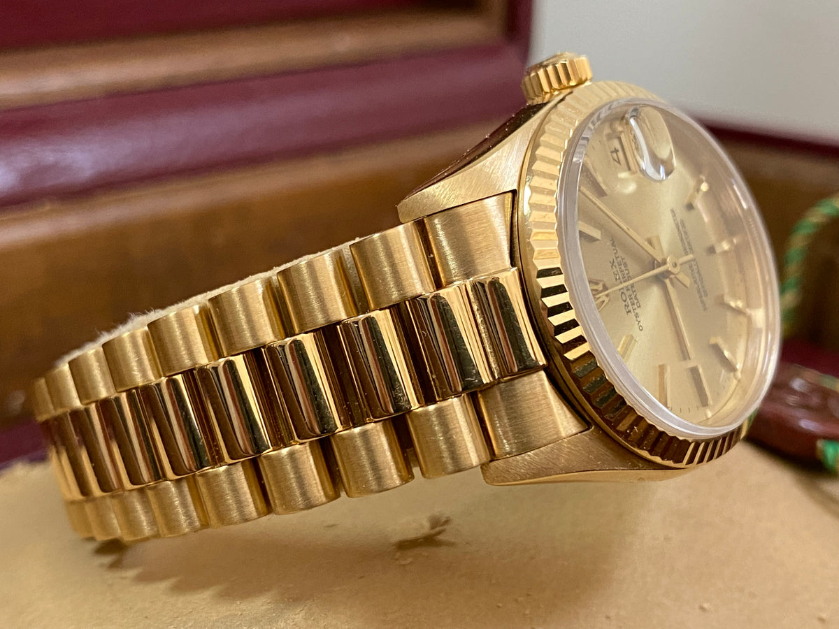 Rolex Yellow Gold Datejust 31 - Fluted Bezel - Champagne Index Dial - President Bracelet - 68278