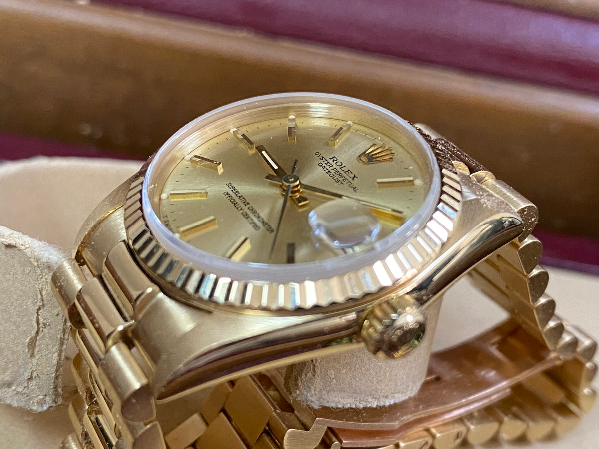 Rolex Yellow Gold Datejust 31 - Fluted Bezel - Champagne Index Dial - President Bracelet - 68278