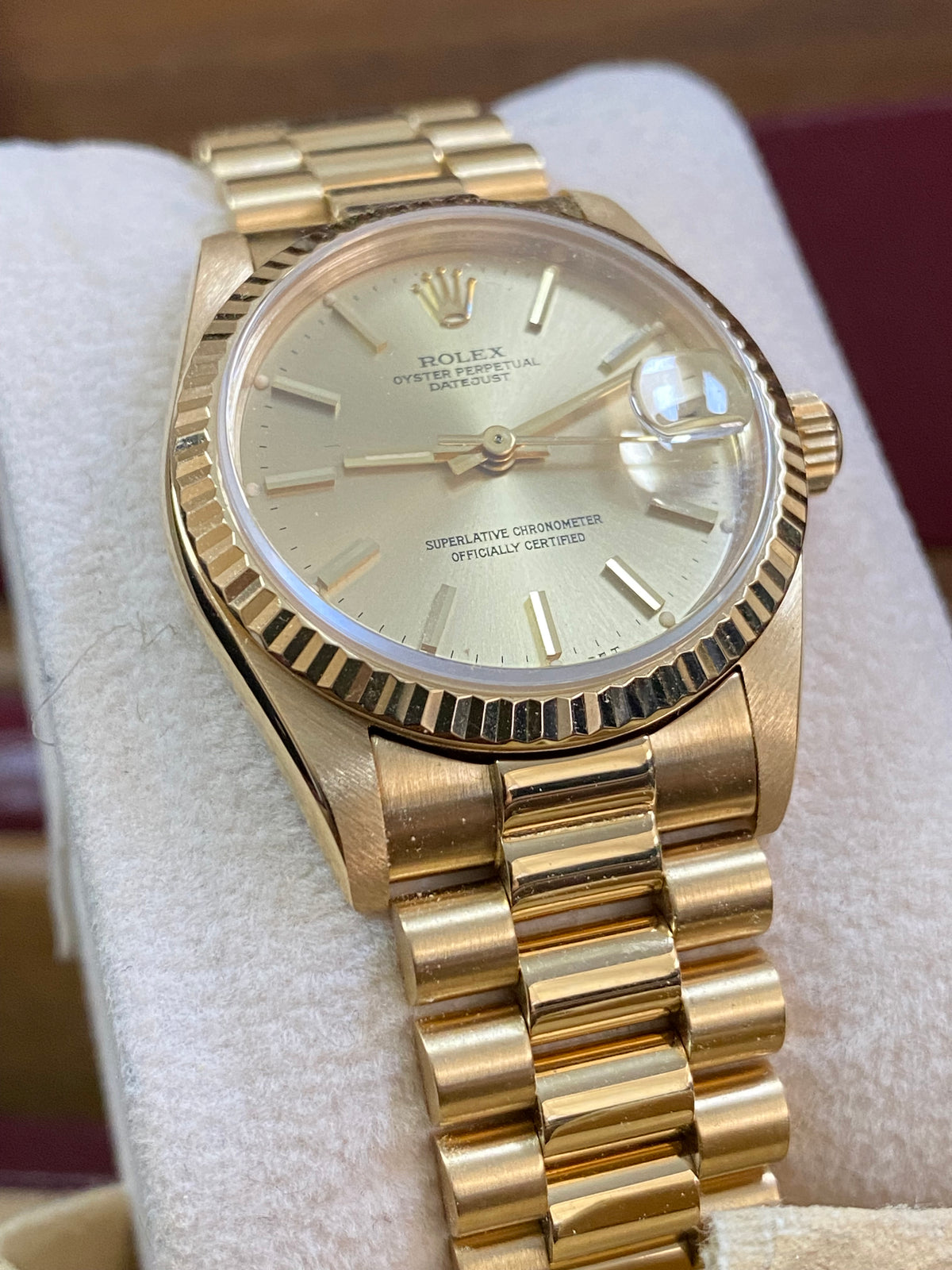 Rolex Yellow Gold Datejust 31 - Fluted Bezel - Champagne Index Dial - President Bracelet - 68278