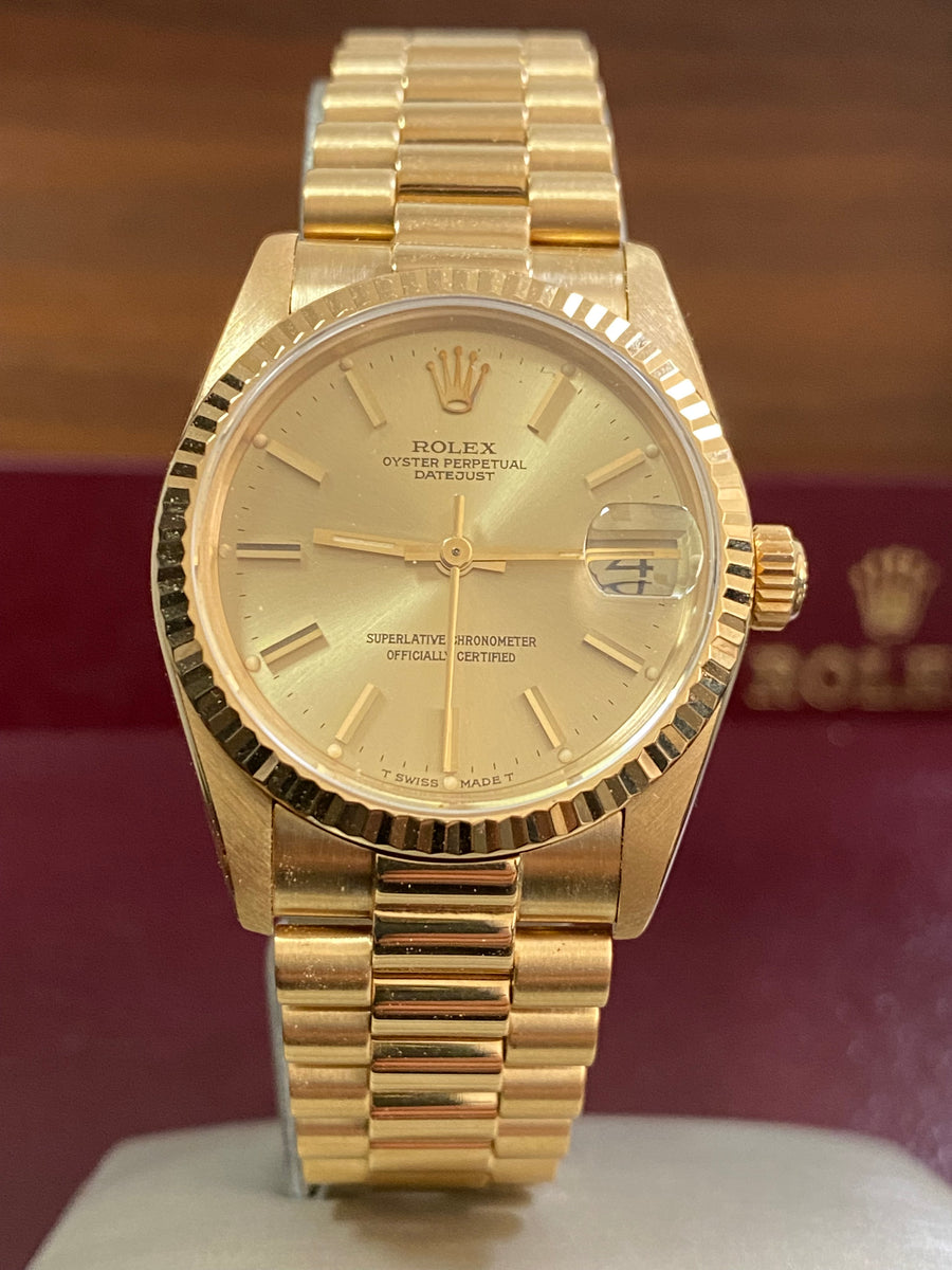 Rolex Yellow Gold Datejust 31 - Fluted Bezel - Champagne Index Dial - President Bracelet - 68278