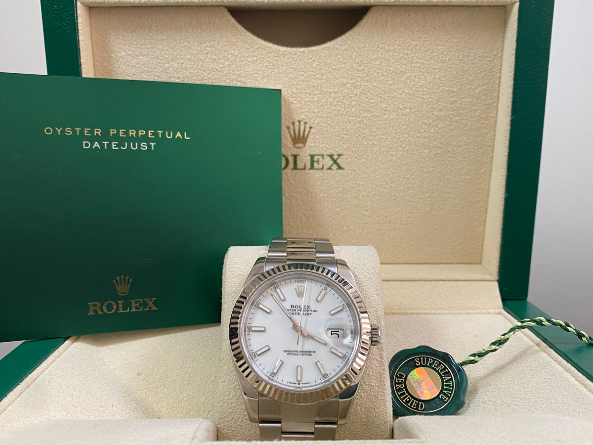 Rolex Steel and White Gold Rolesor Datejust 41 - Fluted Bezel - White Index Dial - Oyster Bracelet - 126334