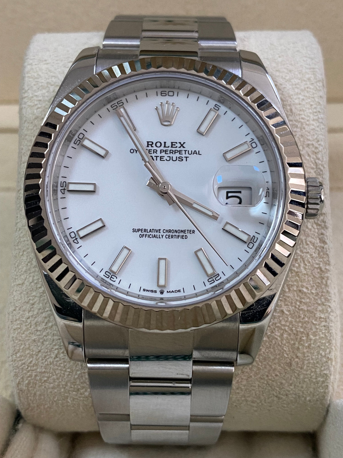 Rolex Steel and White Gold Rolesor Datejust 41 - Fluted Bezel - White Index Dial - Oyster Bracelet - 126334