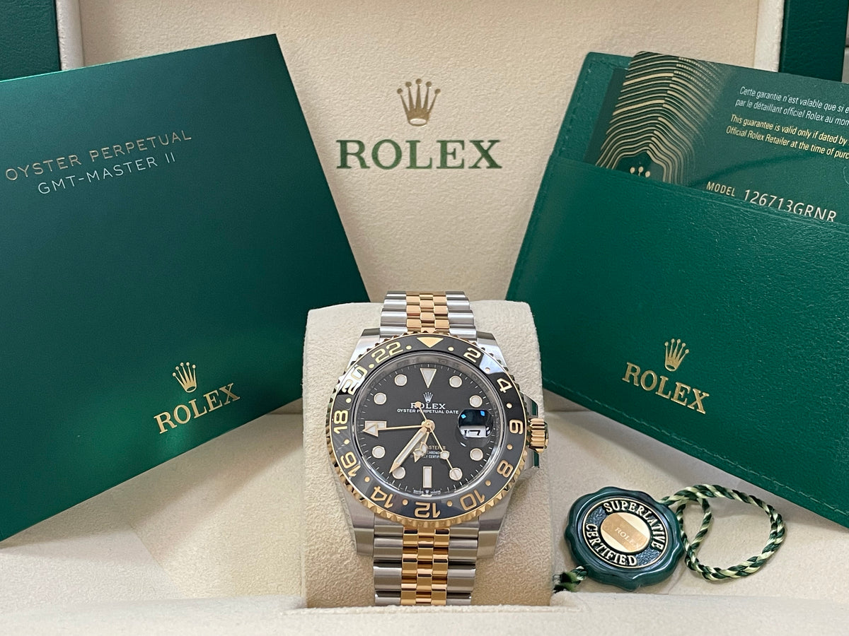 Rolex Steel and Yellow Gold GMT-Master II - 2023 - Grey and Black Bezel - Black Dial - Jubilee Bracelet - 126713GRNR