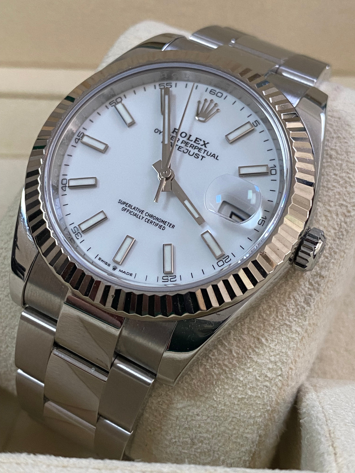 Rolex Steel and White Gold Rolesor Datejust 41 - Fluted Bezel - White Index Dial - Oyster Bracelet - 126334