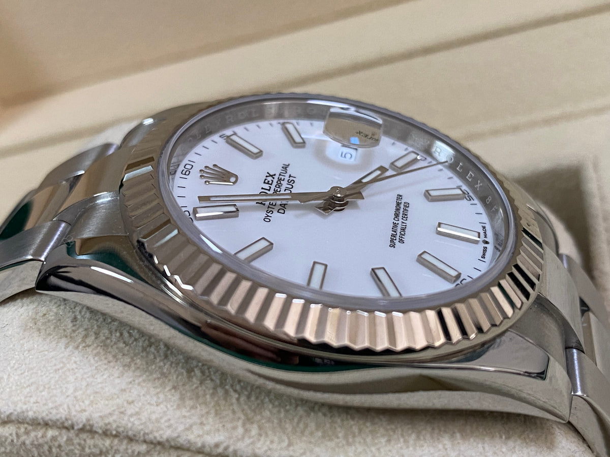 Rolex Steel and White Gold Rolesor Datejust 41 - Fluted Bezel - White Index Dial - Oyster Bracelet - 126334