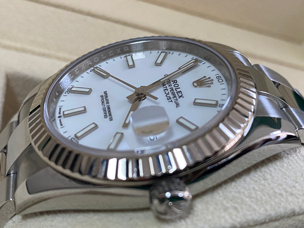 Rolex Steel and White Gold Rolesor Datejust 41 - Fluted Bezel - White Index Dial - Oyster Bracelet - 126334