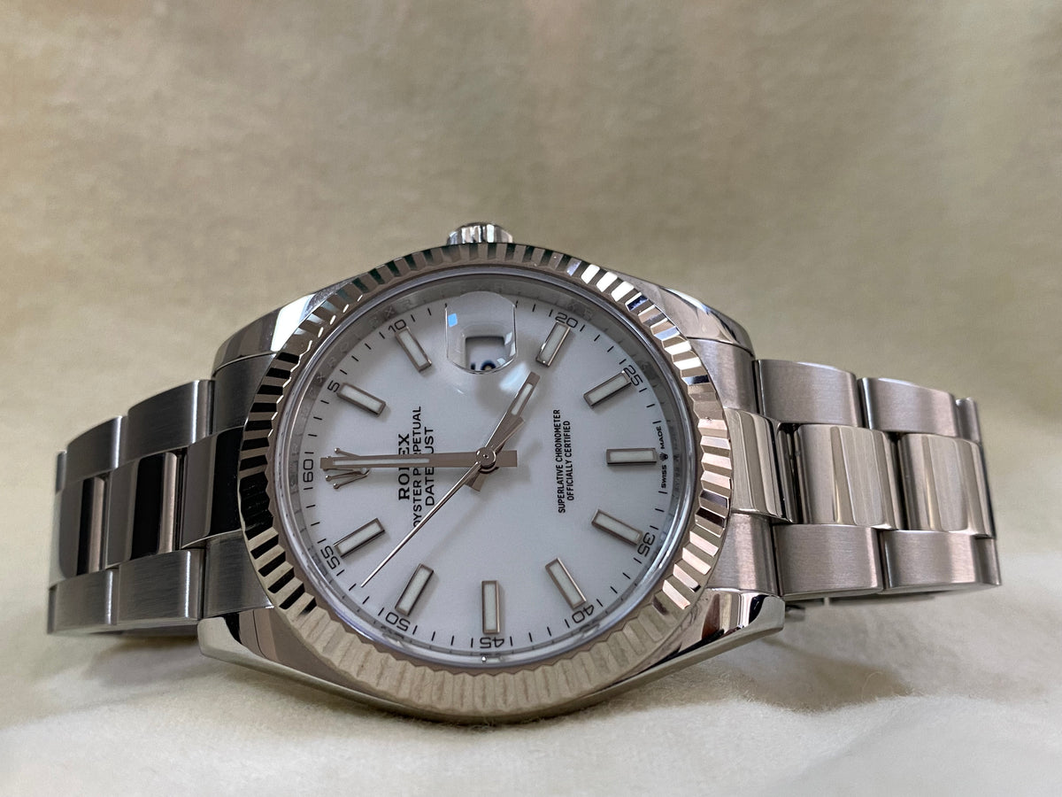 Rolex Steel and White Gold Rolesor Datejust 41 - Fluted Bezel - White Index Dial - Oyster Bracelet - 126334