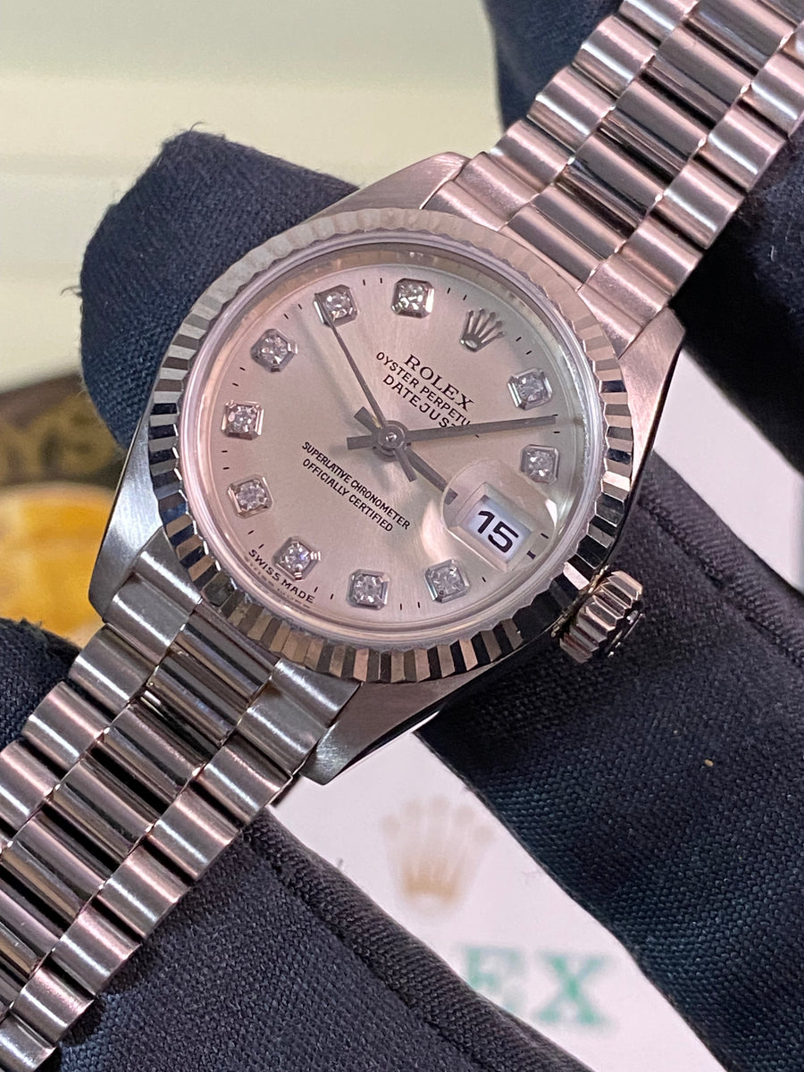 Rolex White Gold Lady-Datejust - P serial - Fluted Bezel - Factory Diamond Dial - President Bracelet - 79179