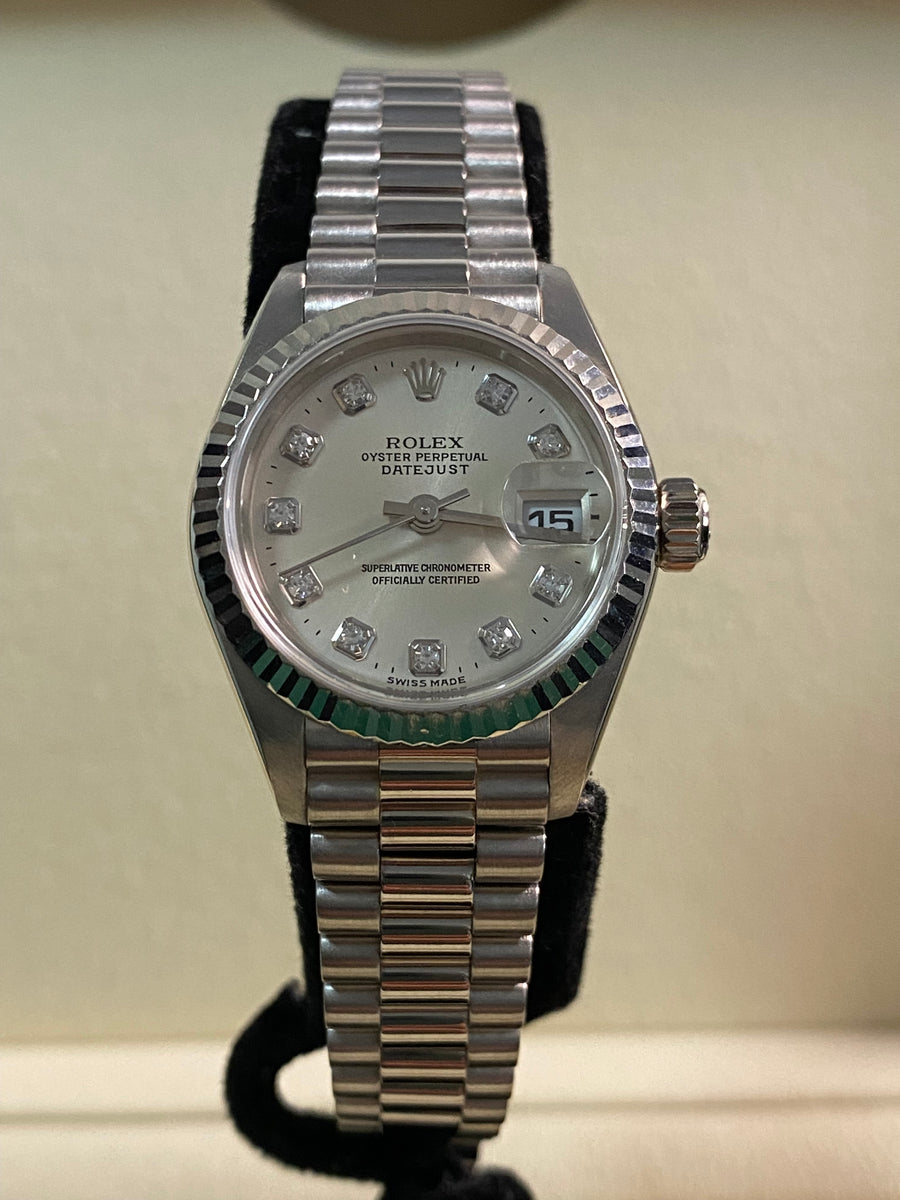 Rolex White Gold Lady-Datejust - P serial - Fluted Bezel - Factory Diamond Dial - President Bracelet - 79179