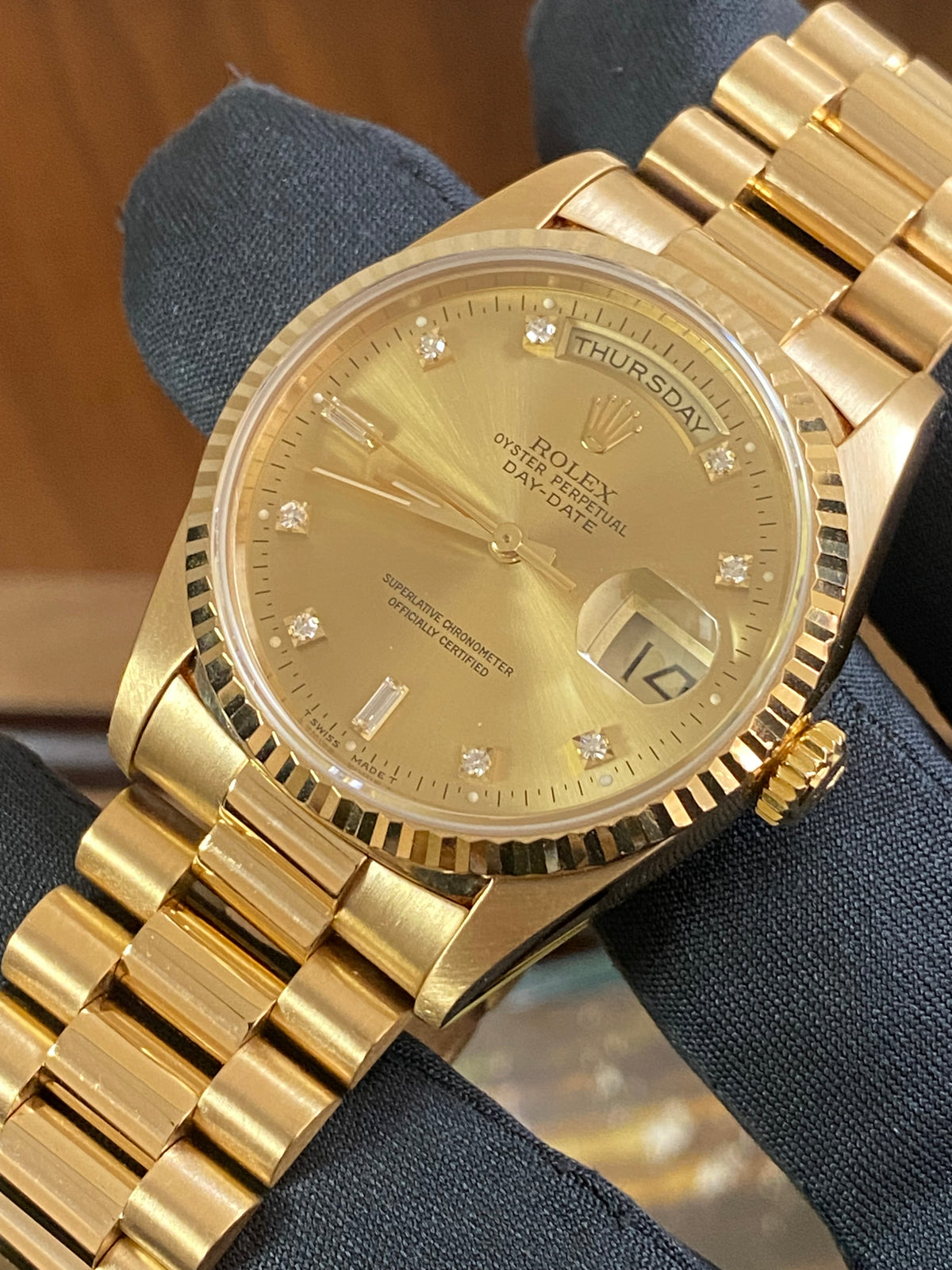 Rolex Yellow Gold Day-Date 36 - X serial - Fluted Bezel - Factory Diamond Dial - Double Quickset - President Bracelet - 18238