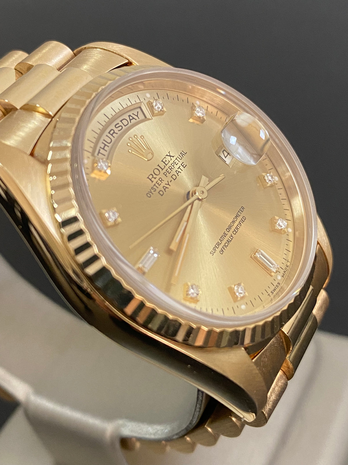 Rolex Yellow Gold Day-Date 36 - X serial - Fluted Bezel - Factory Diamond Dial - Double Quickset - President Bracelet - 18238