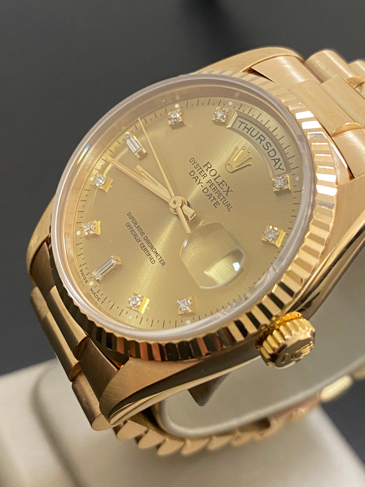 Rolex Yellow Gold Day-Date 36 - X serial - Fluted Bezel - Factory Diamond Dial - Double Quickset - President Bracelet - 18238