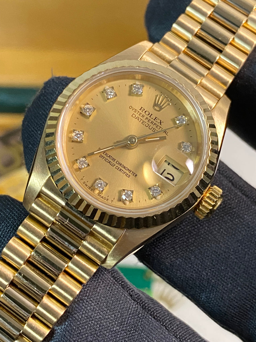 Rolex Yellow Gold Lady-Datejust - L serial - Fluted Bezel - Factory Diamond Dial - President Bracelet - 69178