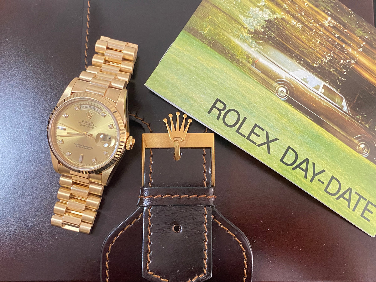 Rolex Yellow Gold Day-Date 36 - X serial - Fluted Bezel - Factory Diamond Dial - Double Quickset - President Bracelet - 18238