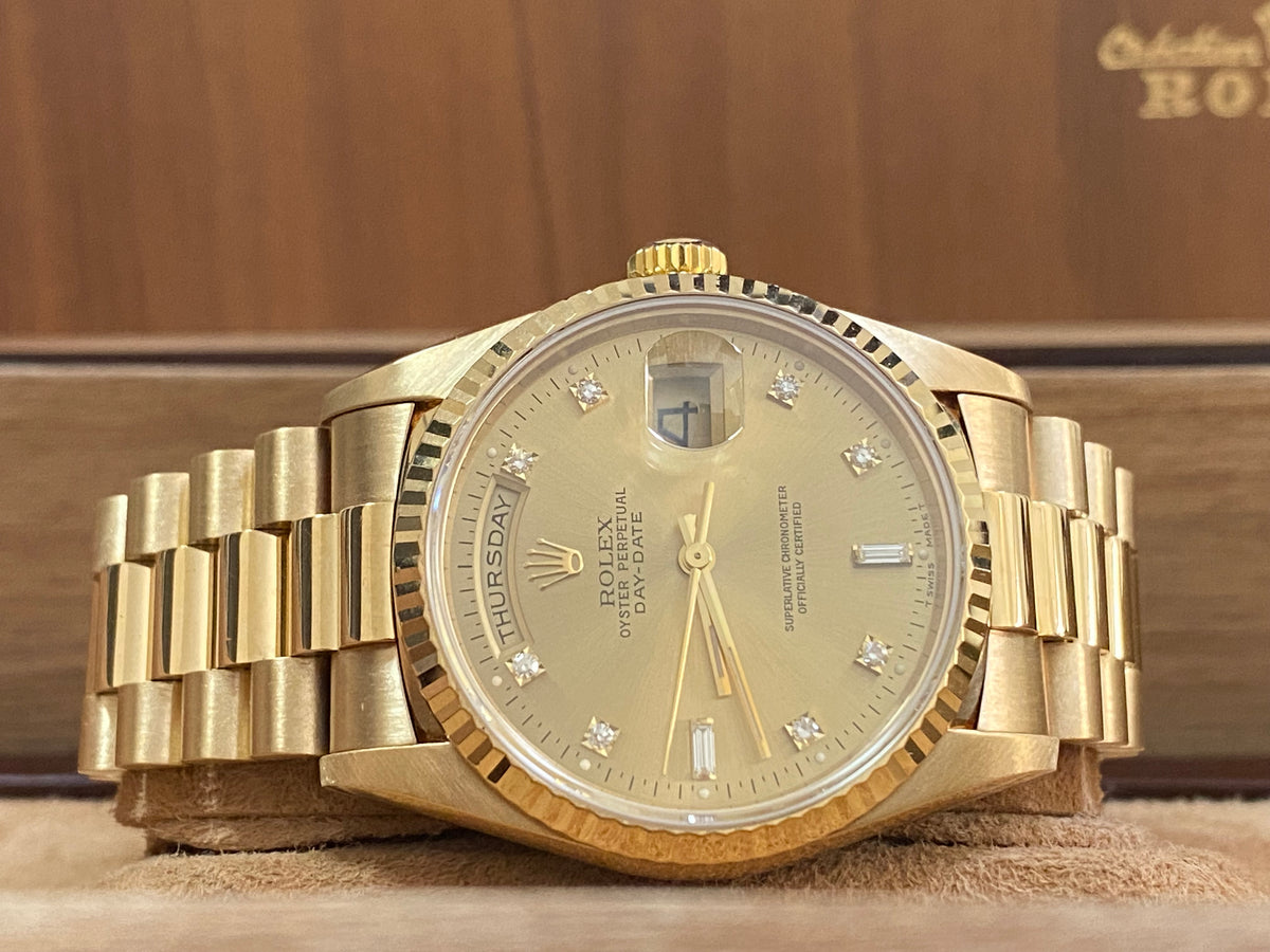 Rolex Yellow Gold Day-Date 36 - X serial - Fluted Bezel - Factory Diamond Dial - Double Quickset - President Bracelet - 18238