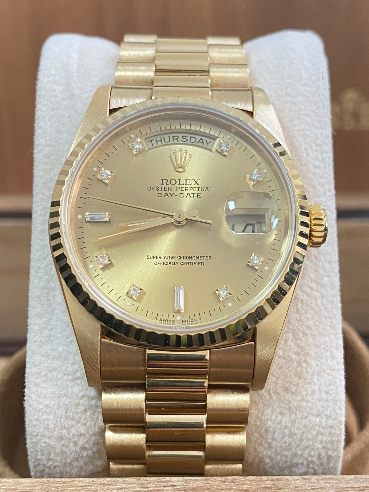 Rolex Yellow Gold Day-Date 36 - X serial - Fluted Bezel - Factory Diamond Dial - Double Quickset - President Bracelet - 18238