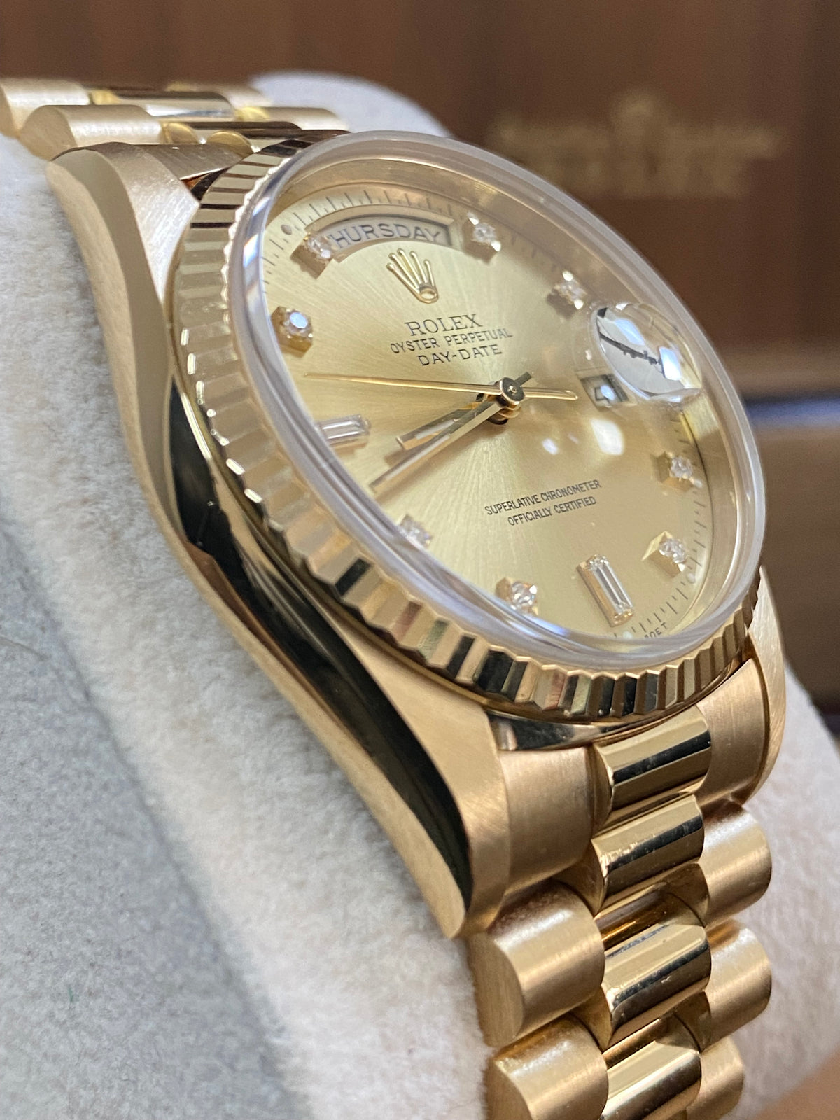 Rolex Yellow Gold Day-Date 36 - X serial - Fluted Bezel - Factory Diamond Dial - Double Quickset - President Bracelet - 18238