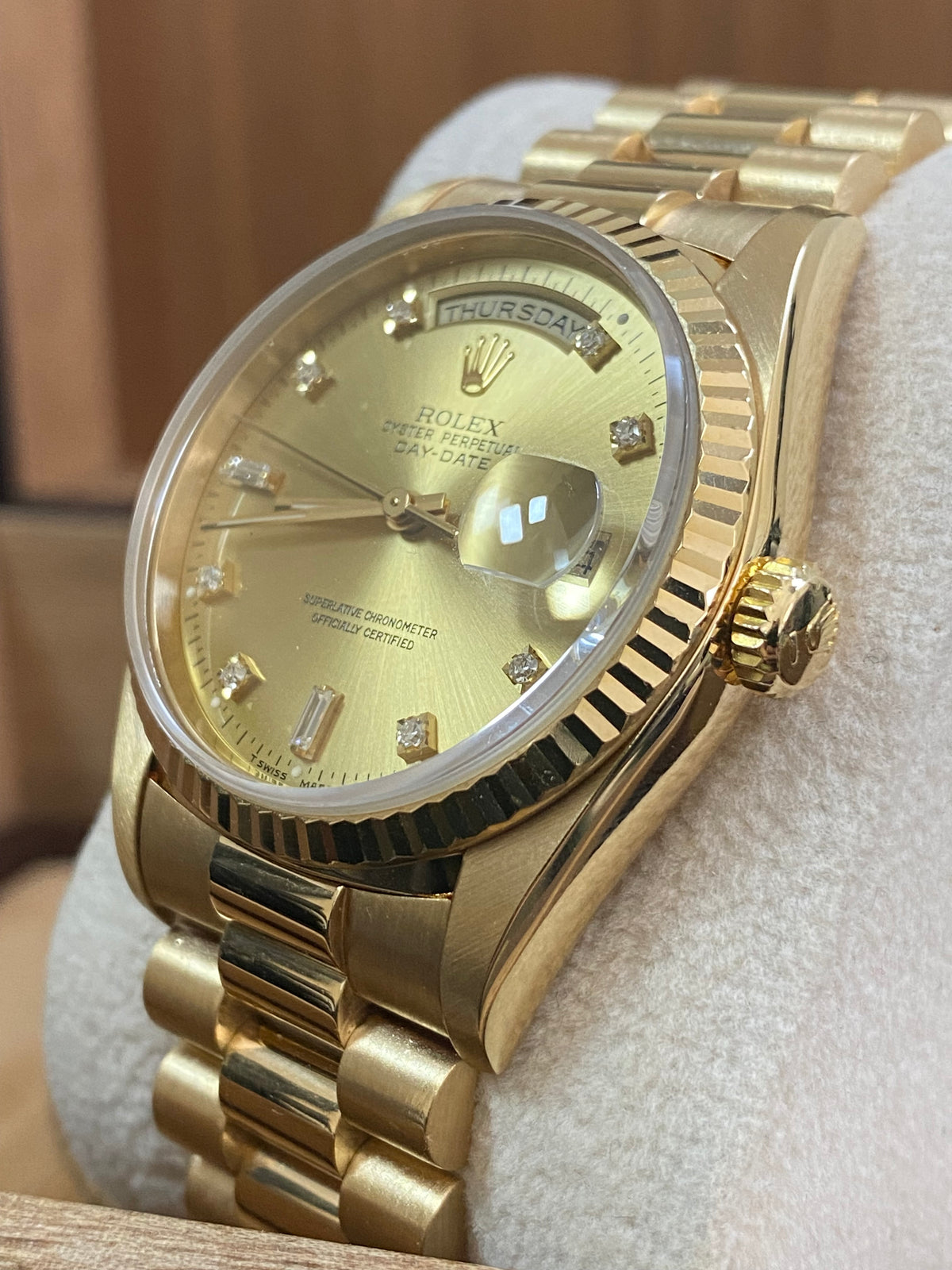 Rolex Yellow Gold Day-Date 36 - X serial - Fluted Bezel - Factory Diamond Dial - Double Quickset - President Bracelet - 18238