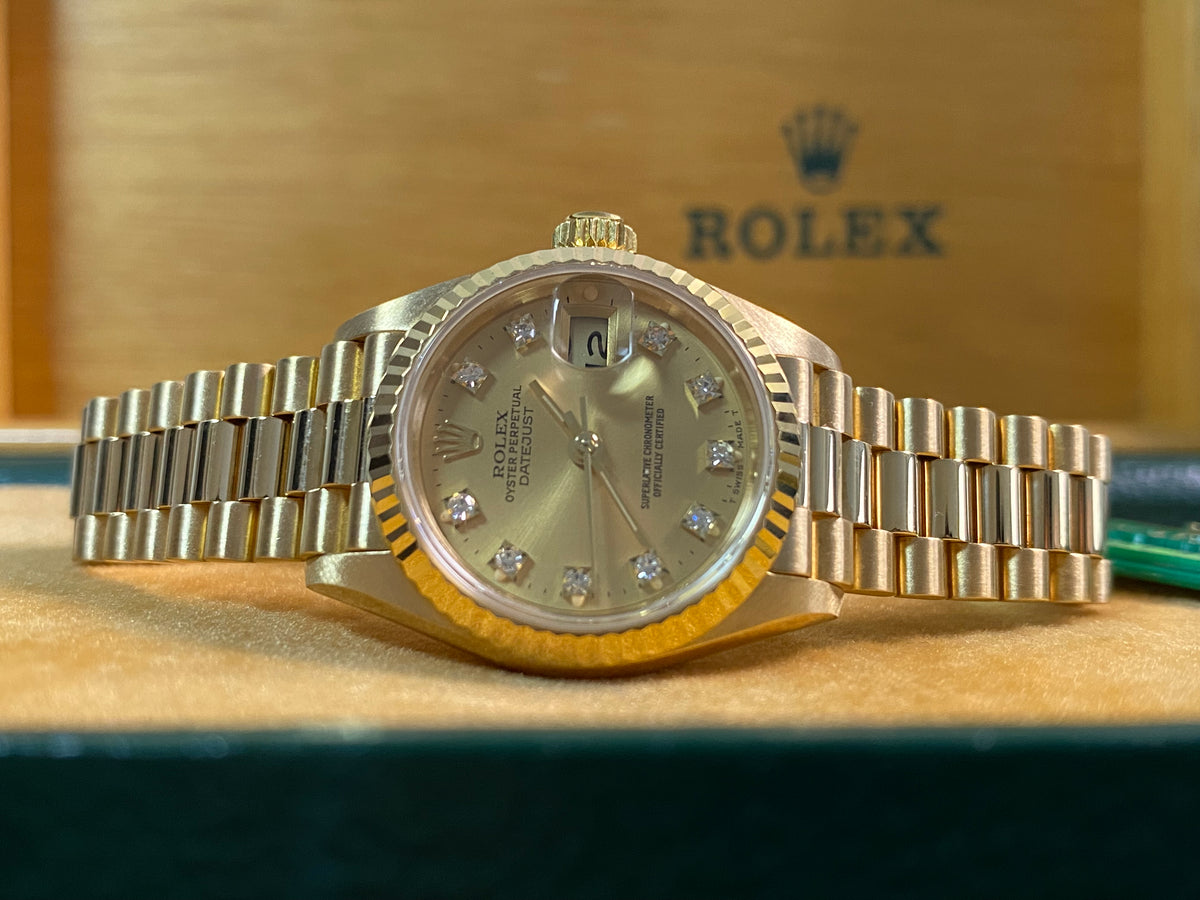 Rolex Yellow Gold Lady-Datejust - L serial - Fluted Bezel - Factory Diamond Dial - President Bracelet - 69178