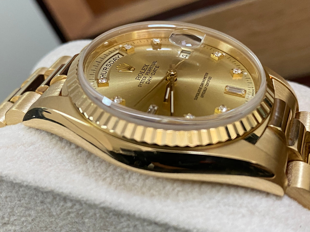 Rolex Yellow Gold Day-Date 36 - X serial - Fluted Bezel - Factory Diamond Dial - Double Quickset - President Bracelet - 18238