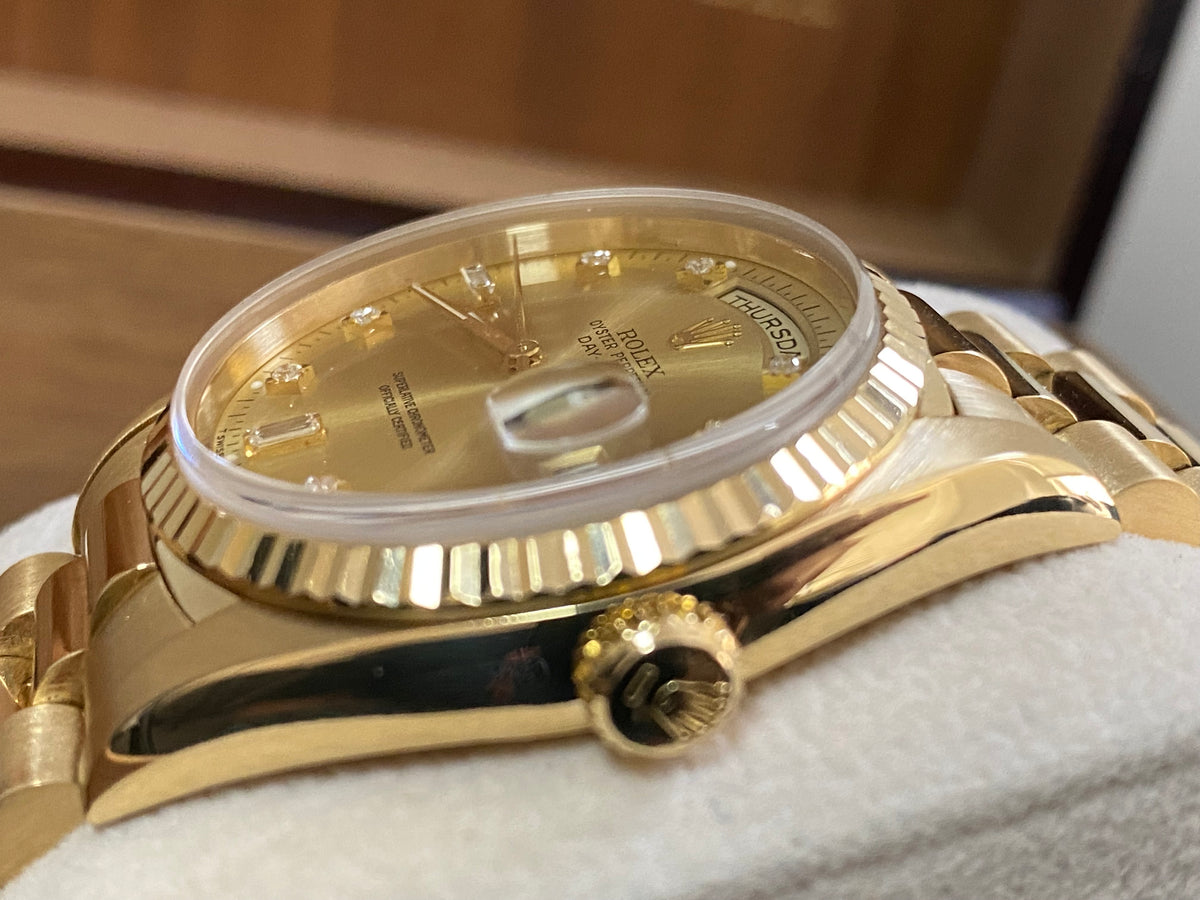 Rolex Yellow Gold Day-Date 36 - X serial - Fluted Bezel - Factory Diamond Dial - Double Quickset - President Bracelet - 18238