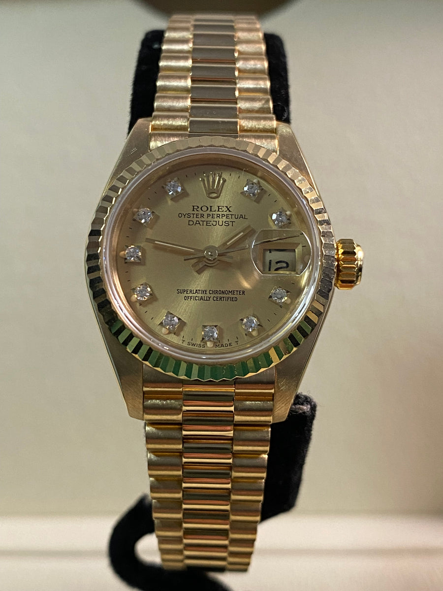 Rolex Yellow Gold Lady-Datejust - L serial - Fluted Bezel - Factory Diamond Dial - President Bracelet - 69178