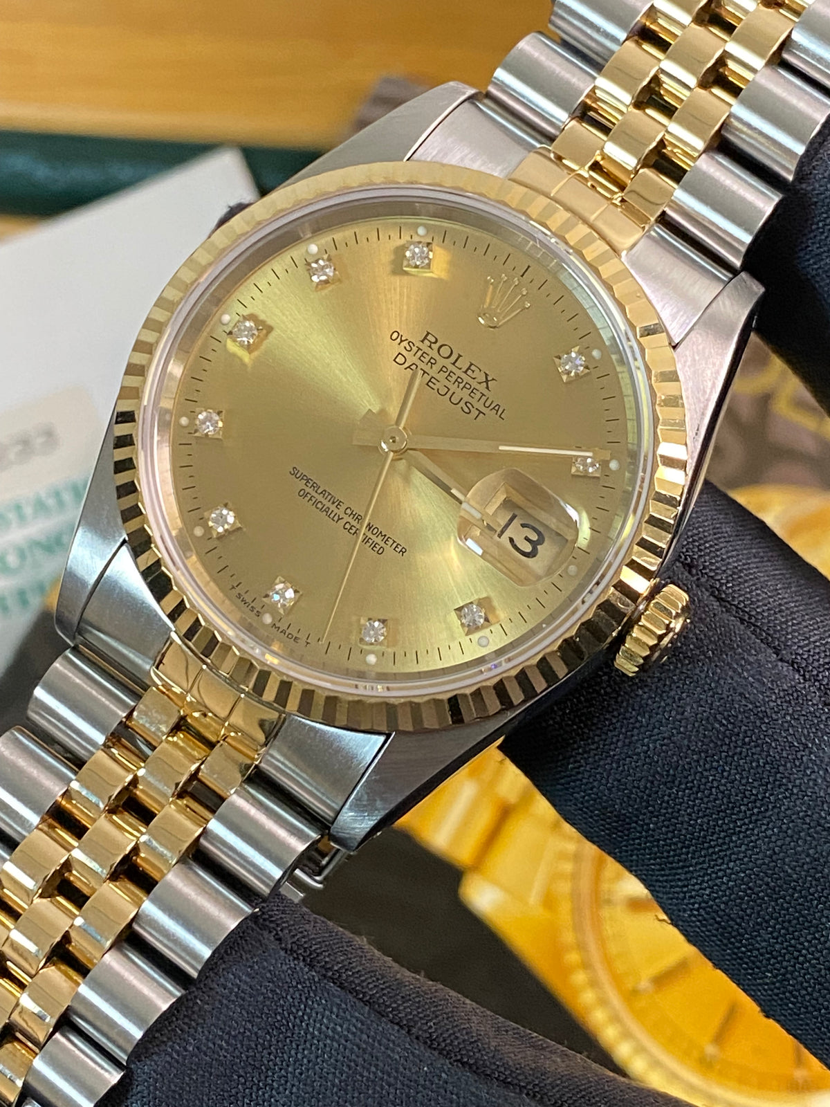 Rolex Steel and Yellow Gold Datejust 36 - X serial - Fluted Bezel - Factory Diamond Dial - Jubilee Bracelet - 16233