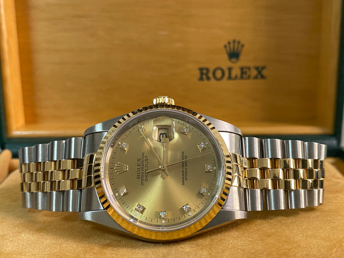 Rolex Steel and Yellow Gold Datejust 36 - X serial - Fluted Bezel - Factory Diamond Dial - Jubilee Bracelet - 16233