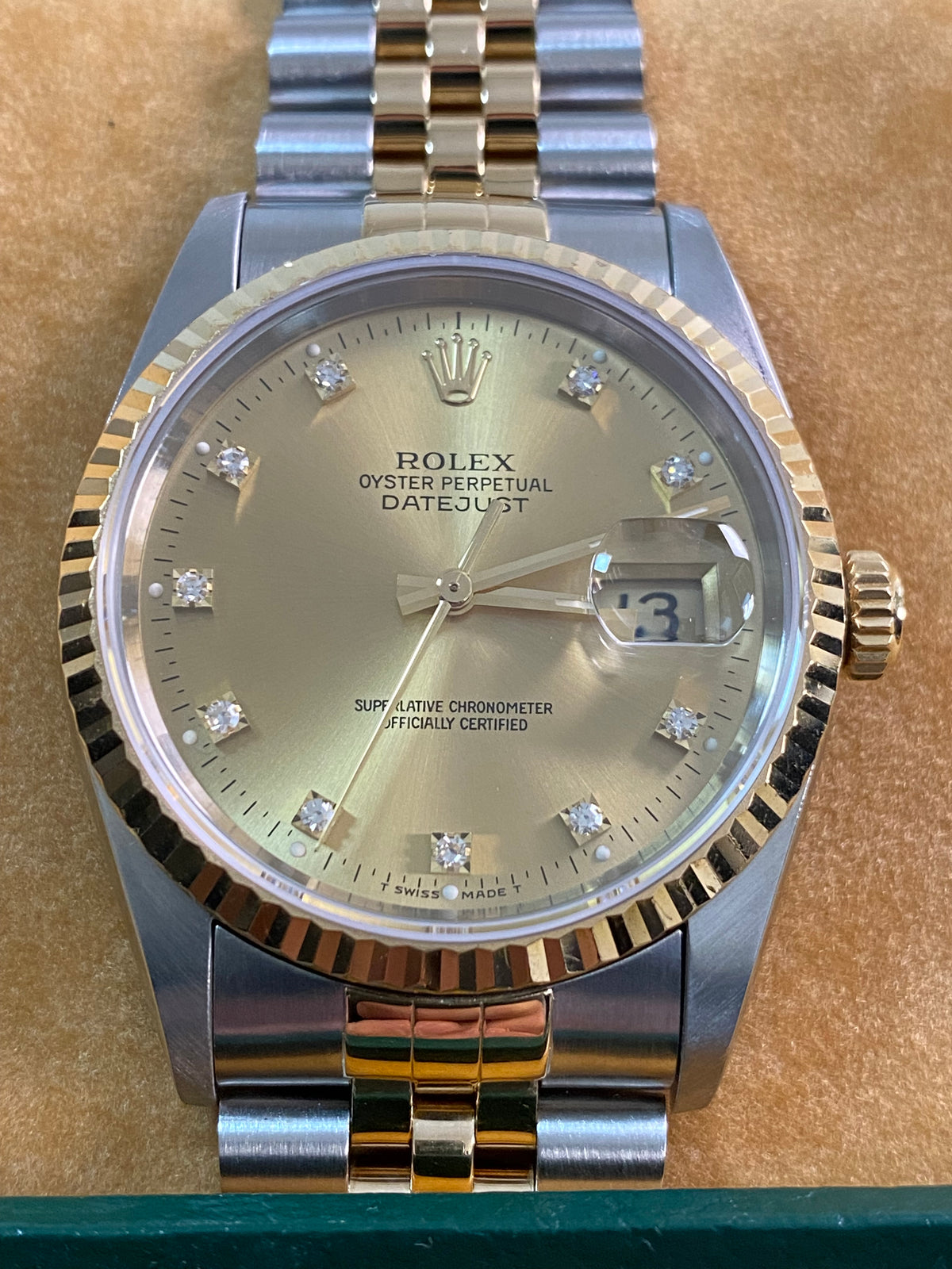 Rolex Steel and Yellow Gold Datejust 36 - X serial - Fluted Bezel - Factory Diamond Dial - Jubilee Bracelet - 16233