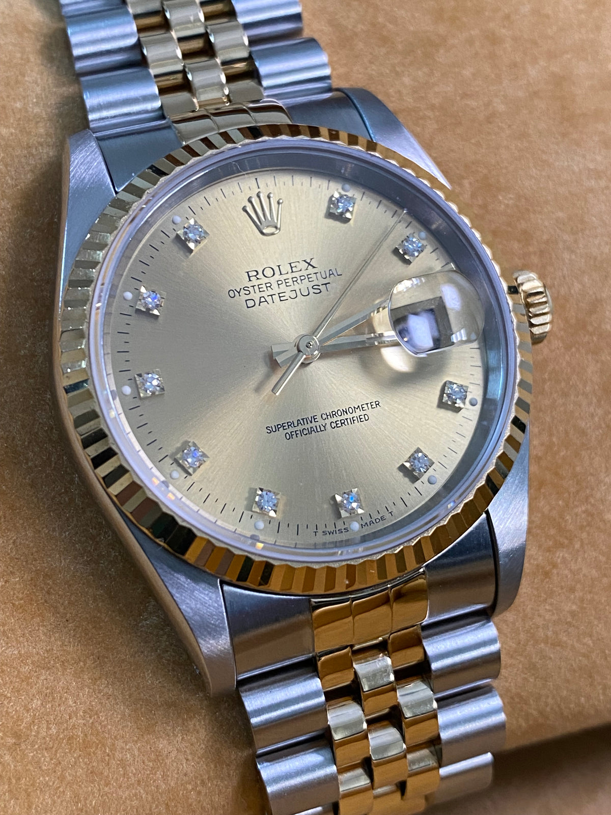 Rolex Steel and Yellow Gold Datejust 36 - X serial - Fluted Bezel - Factory Diamond Dial - Jubilee Bracelet - 16233