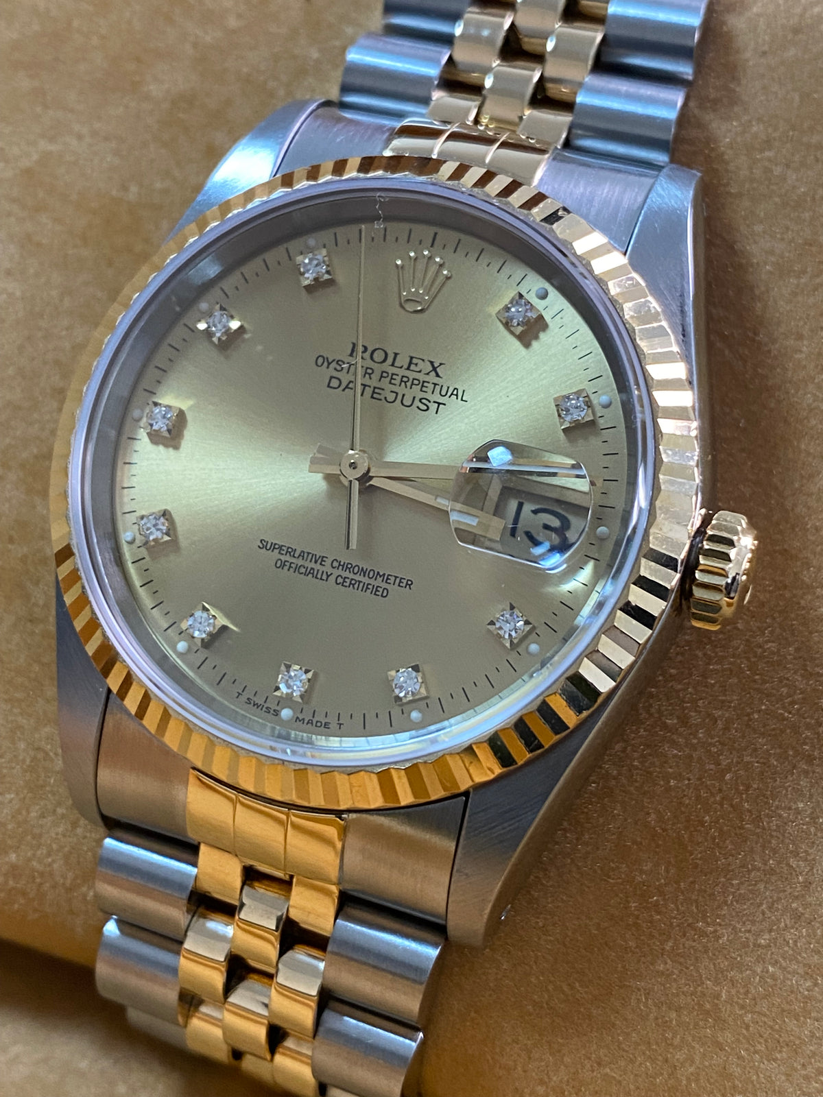 Rolex Steel and Yellow Gold Datejust 36 - X serial - Fluted Bezel - Factory Diamond Dial - Jubilee Bracelet - 16233