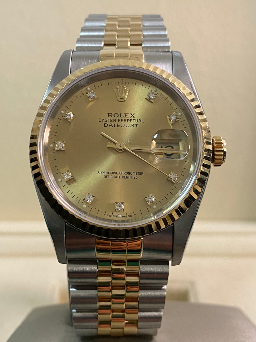 Rolex Steel and Yellow Gold Datejust 36 - X serial - Fluted Bezel - Factory Diamond Dial - Jubilee Bracelet - 16233