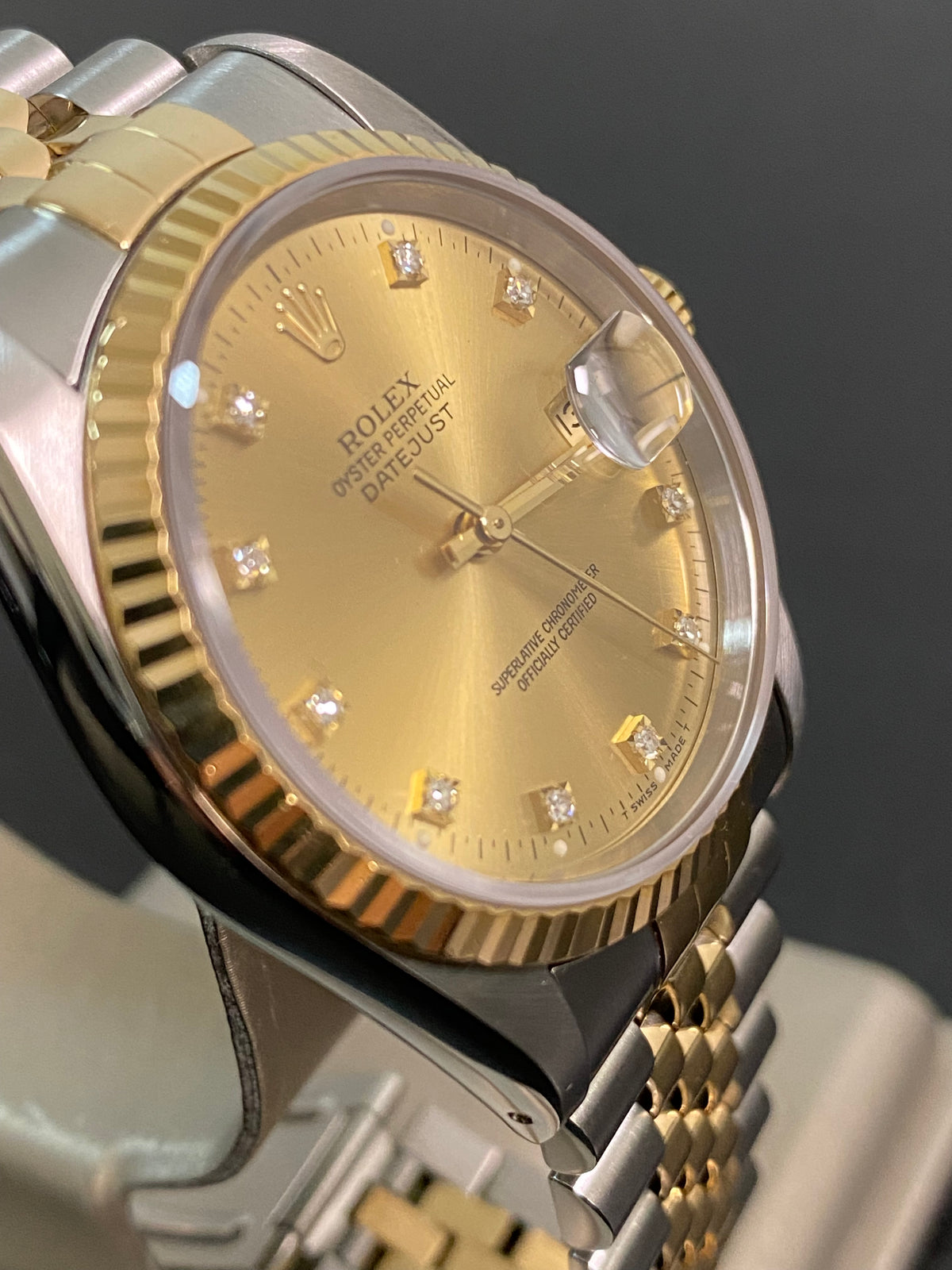 Rolex Steel and Yellow Gold Datejust 36 - X serial - Fluted Bezel - Factory Diamond Dial - Jubilee Bracelet - 16233