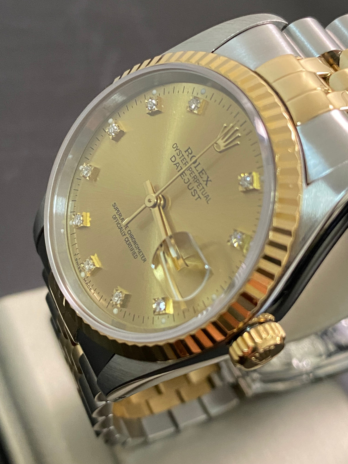 Rolex Steel and Yellow Gold Datejust 36 - X serial - Fluted Bezel - Factory Diamond Dial - Jubilee Bracelet - 16233