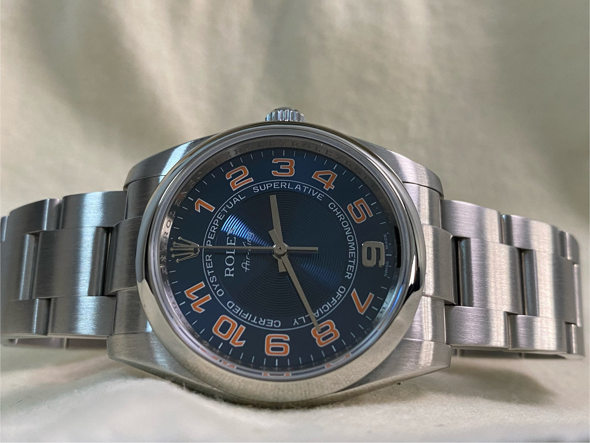 Rolex Air King  - M serial - Domed Bezel - Blue Dial - Orange Arabic Numerals - 114200