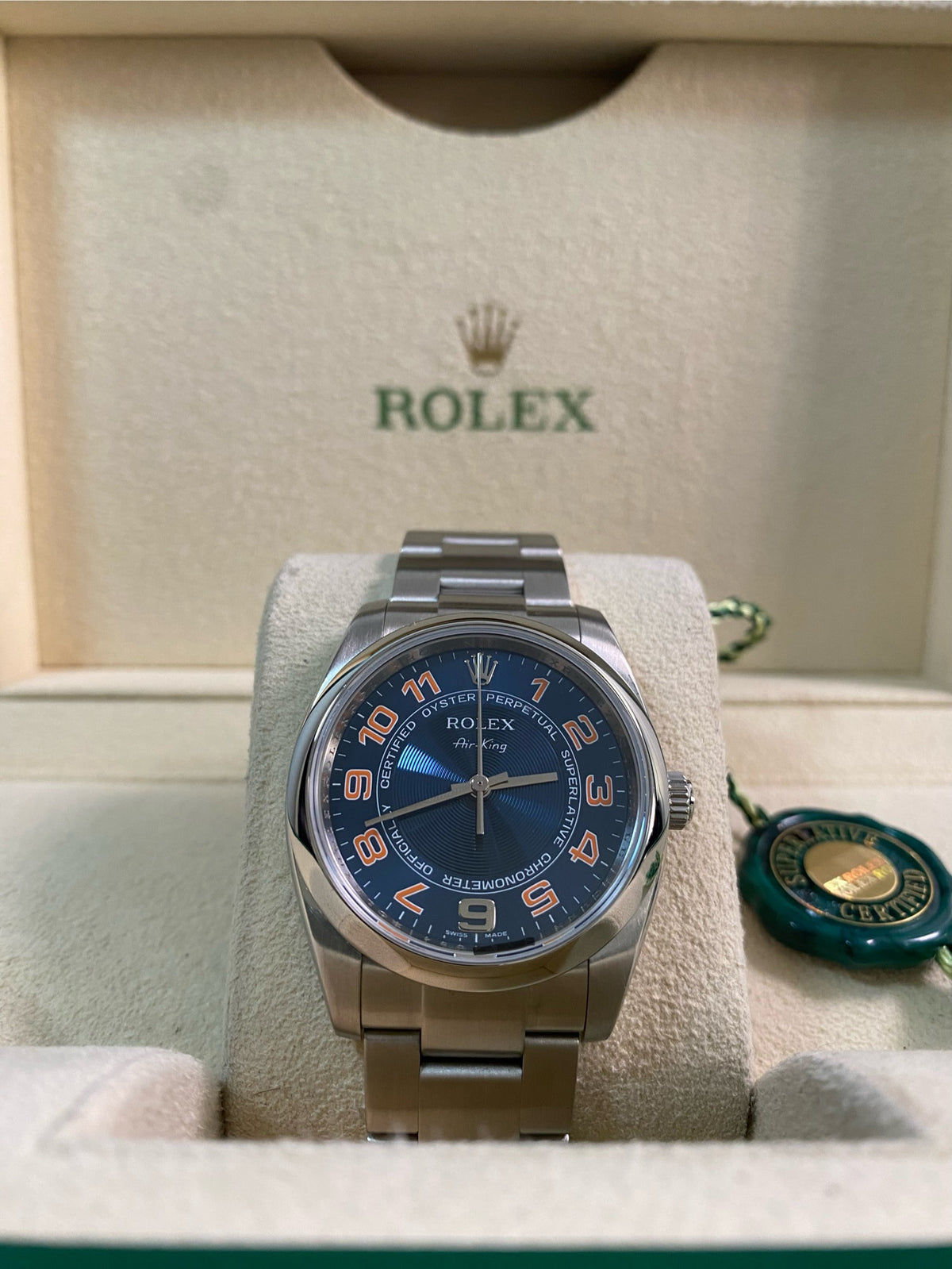 Rolex Air King  - M serial - Domed Bezel - Blue Dial - Orange Arabic Numerals - 114200