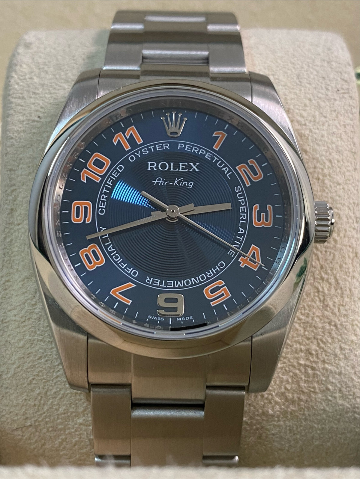 Rolex Air King  - M serial - Domed Bezel - Blue Dial - Orange Arabic Numerals - 114200