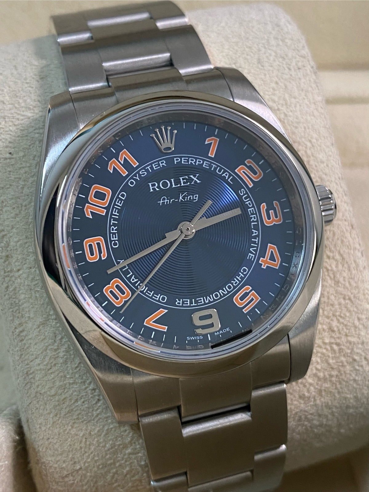 Rolex Air King  - M serial - Domed Bezel - Blue Dial - Orange Arabic Numerals - 114200