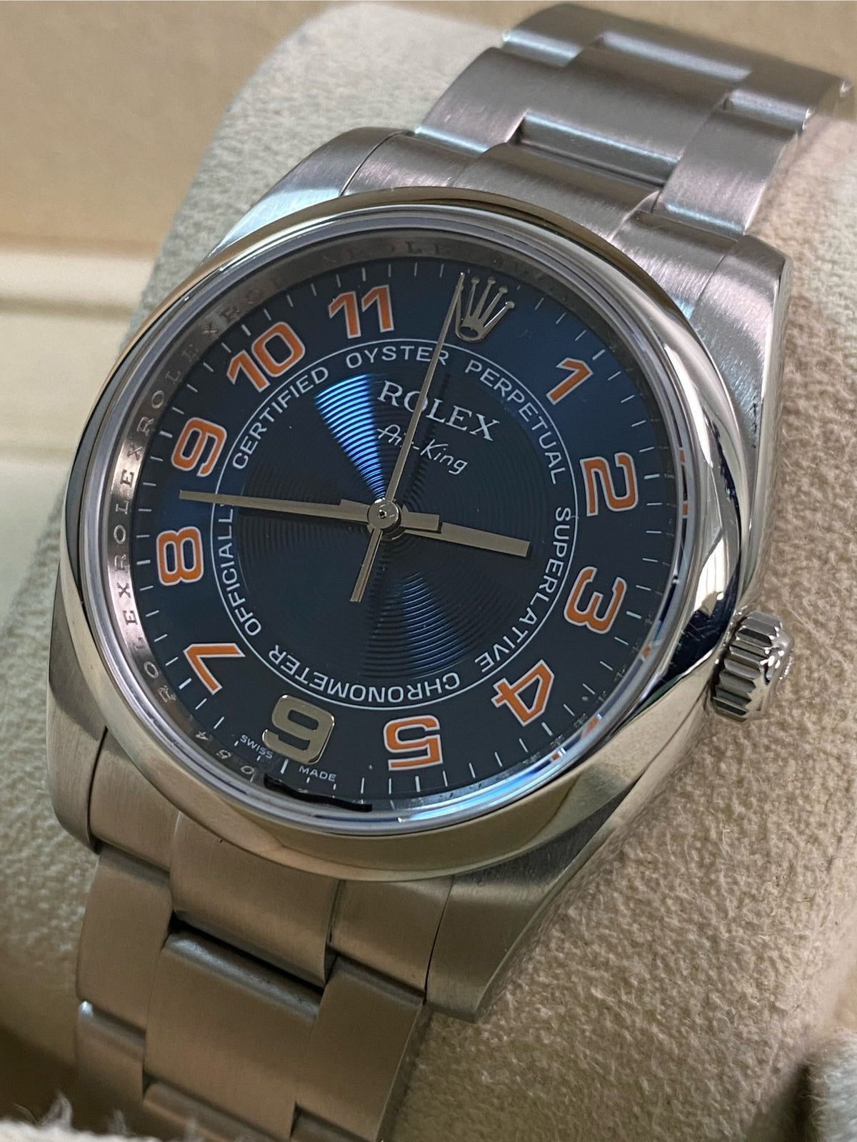 Rolex Air King  - M serial - Domed Bezel - Blue Dial - Orange Arabic Numerals - 114200