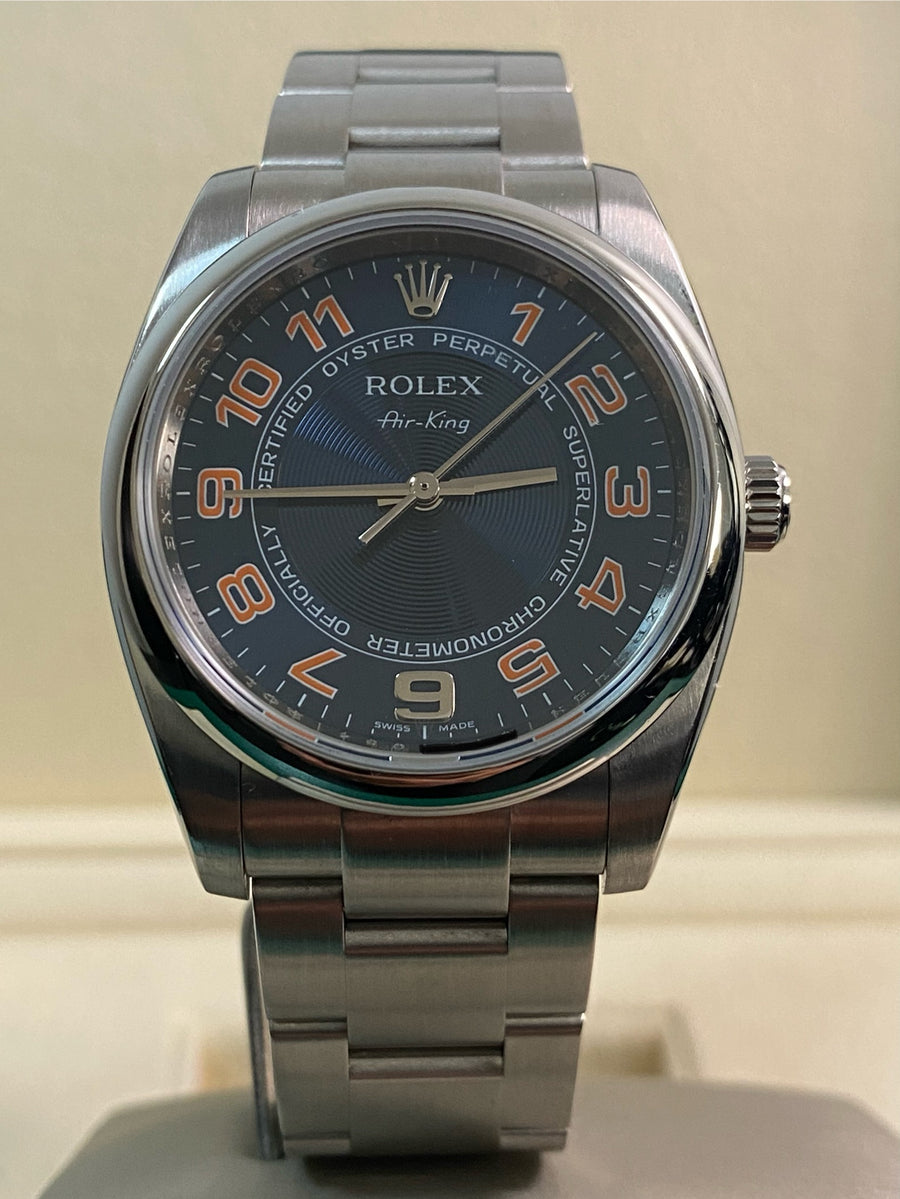 Rolex Air King  - M serial - Domed Bezel - Blue Dial - Orange Arabic Numerals - 114200