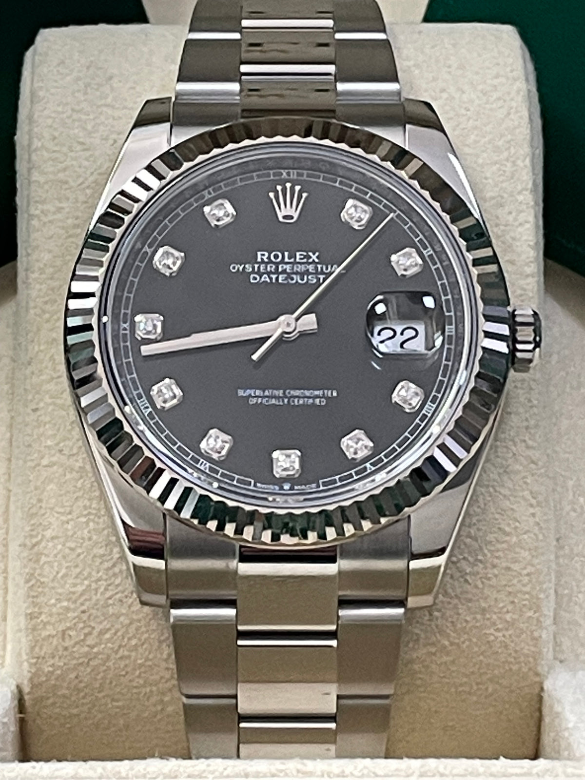 Rolex Steel and White Gold Rolesor Datejust 41 - 2023 - Fluted Bezel - Black Diamond Dial - Oyster Bracelet - 126334