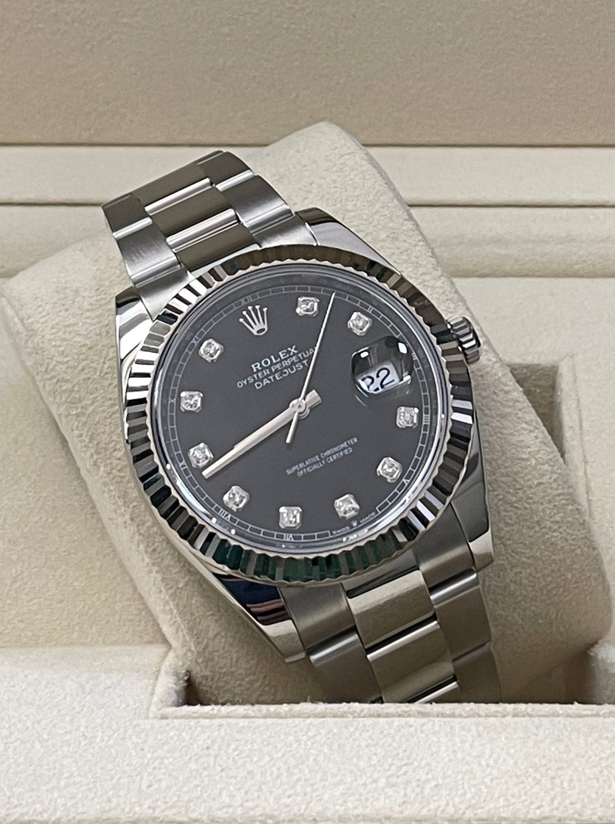 Rolex Steel and White Gold Rolesor Datejust 41 - 2023 - Fluted Bezel - Black Diamond Dial - Oyster Bracelet - 126334