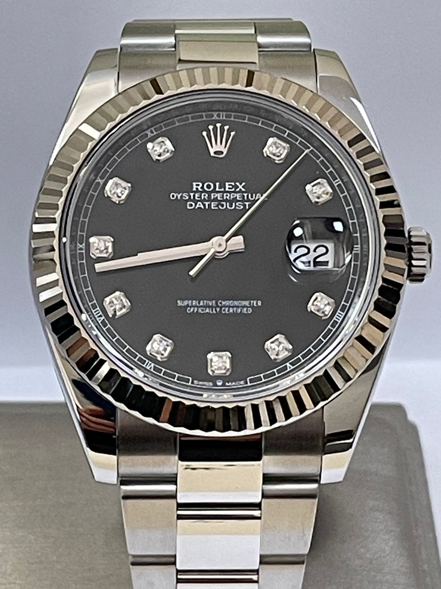 Rolex Steel and White Gold Rolesor Datejust 41 - 2023 - Fluted Bezel - Black Diamond Dial - Oyster Bracelet - 126334