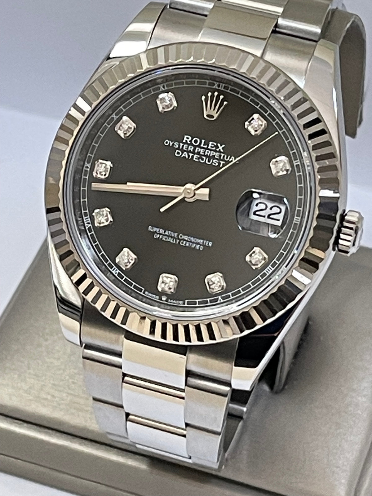 Rolex Steel and White Gold Rolesor Datejust 41 - 2023 - Fluted Bezel - Black Diamond Dial - Oyster Bracelet - 126334