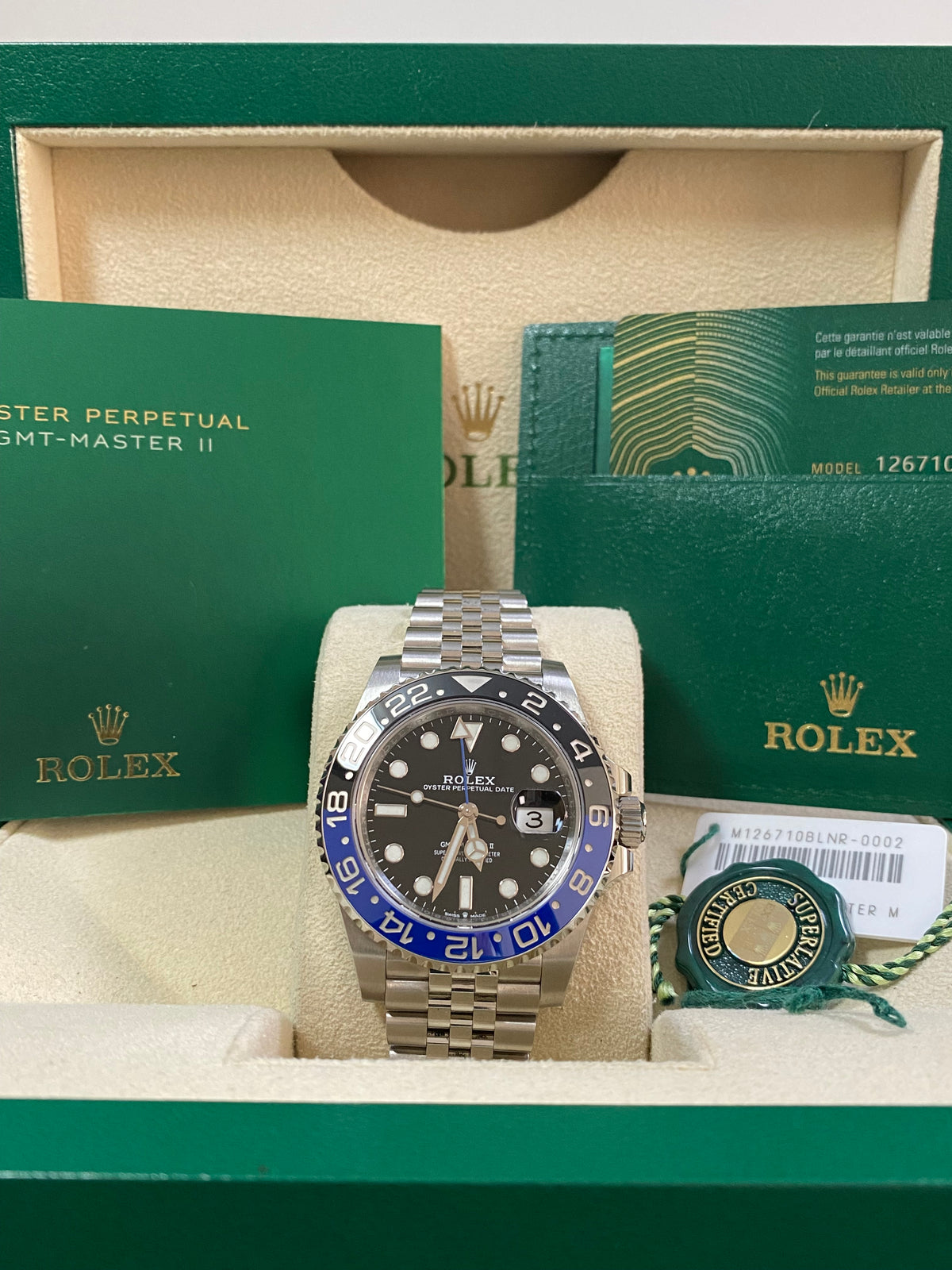 Rolex Steel GMT-Master II - 2023 - "Batgirl" - Black Dial - Jubilee Bracelet - 126710BLNR *COMPLETE SET*