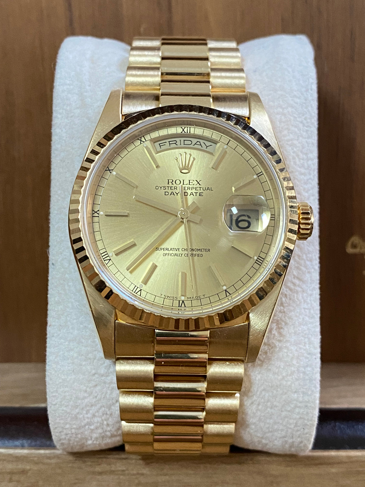 Rolex Yellow Gold Day-Date 36 - T serial - Fluted Bezel - Champagne Index Dial - Double Quickset - President Bracelet - 18238