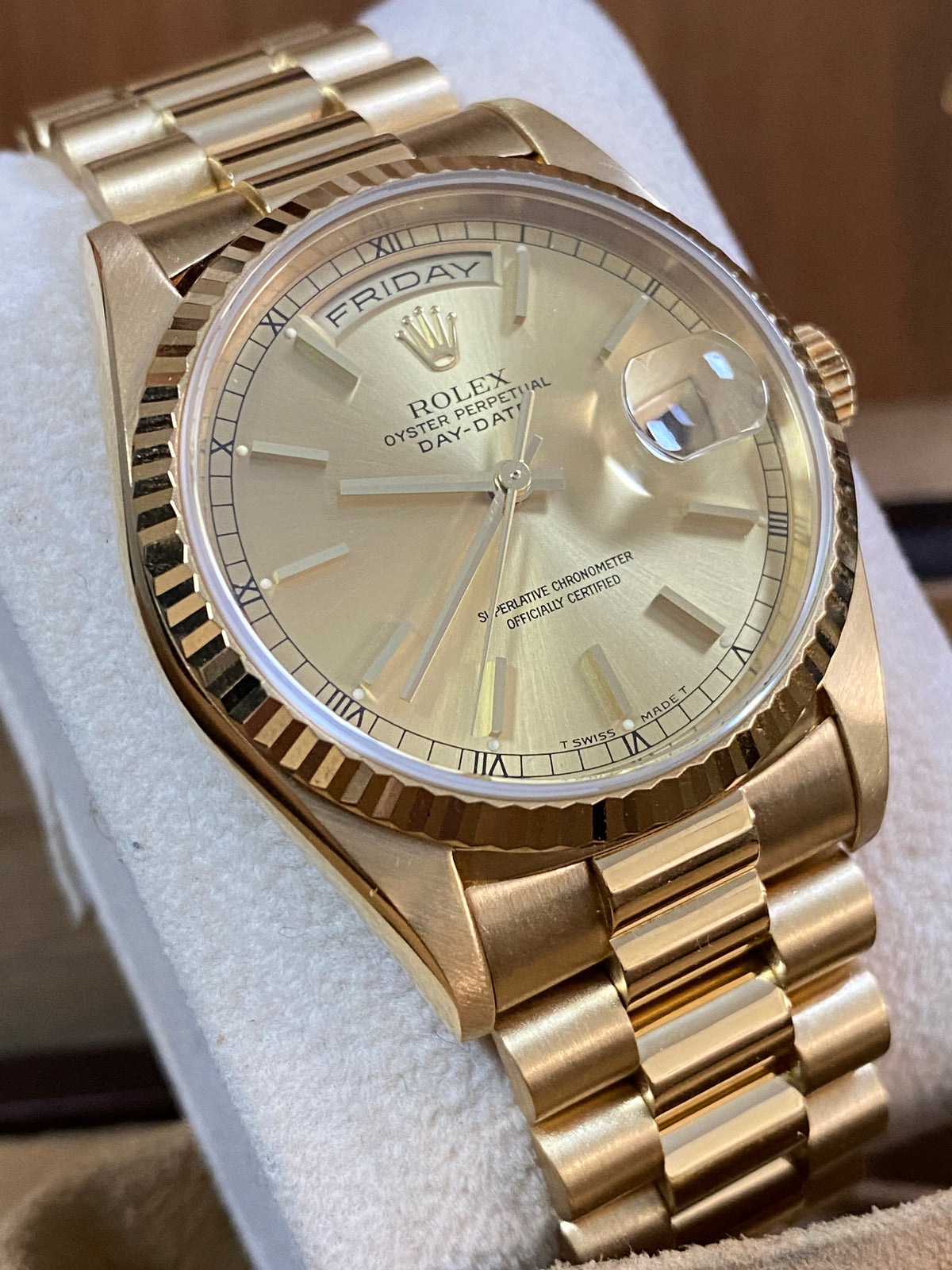 Rolex Yellow Gold Day-Date 36 - T serial - Fluted Bezel - Champagne Index Dial - Double Quickset - President Bracelet - 18238