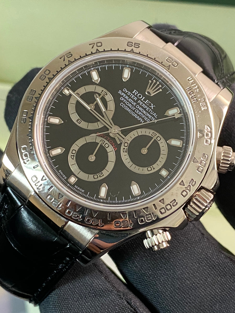 Rolex White Gold Cosmograph Daytona - 2005 - Black Dial - Black Leather Strap - 116519 *FULL SET*